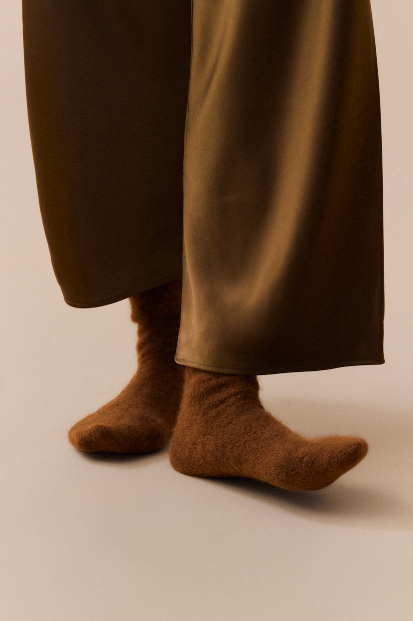 Person wearing chestnut brown ultra soft alpaca socks