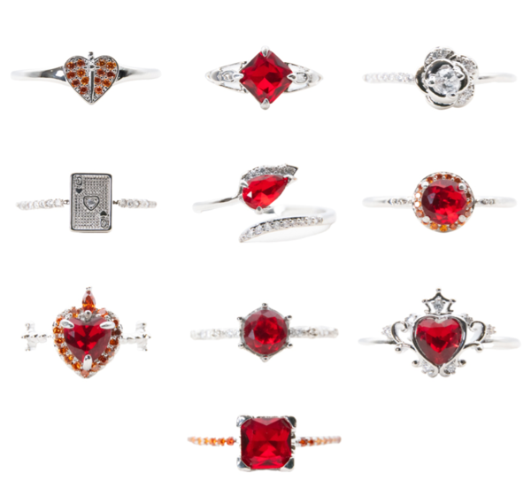 10 NEW Rings - red stones and hearts on silver or rhodium-plated