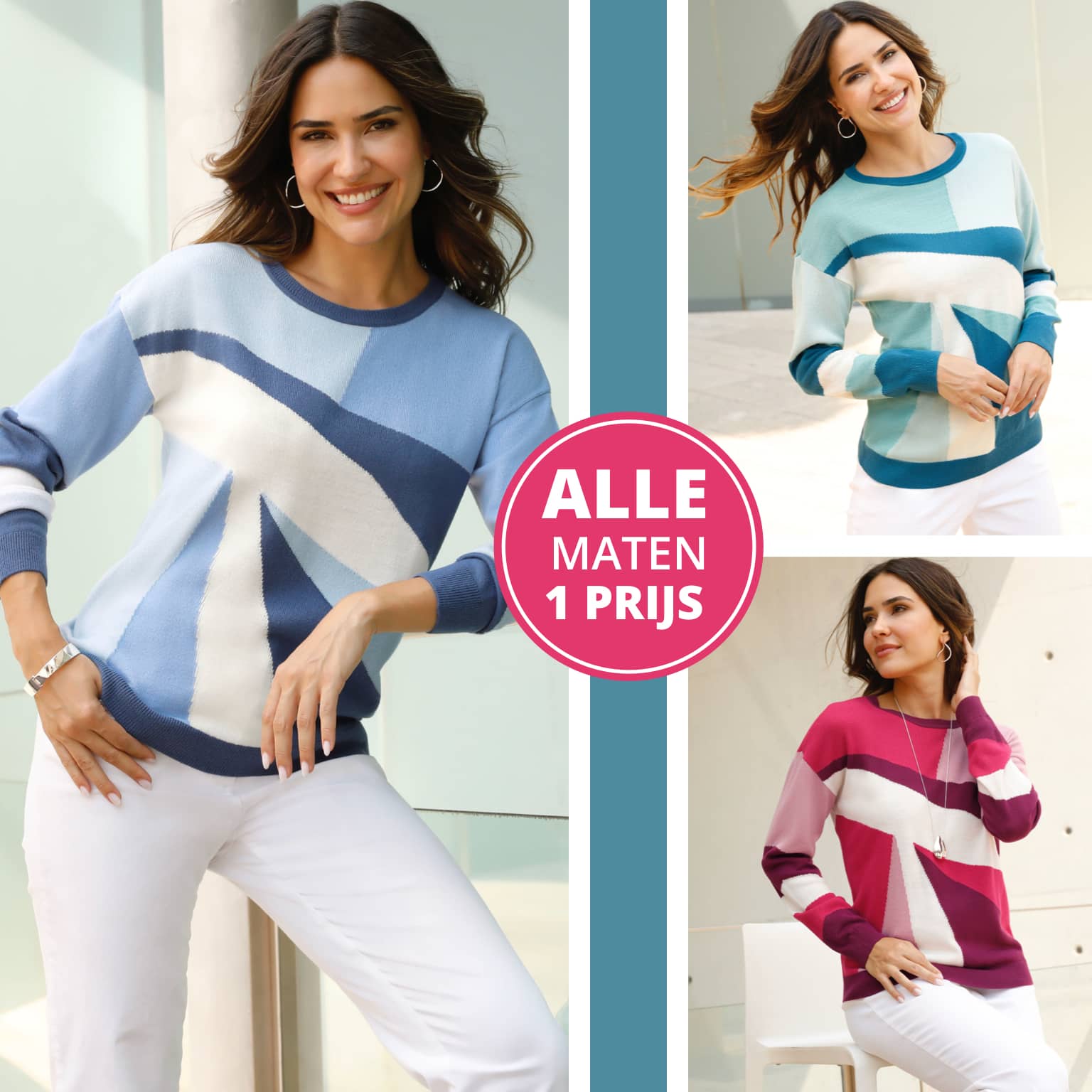  Een model toont drie truien met geometrische patronen in blauw, turquoise en roze, telkens gecombineerd met een witte broek.