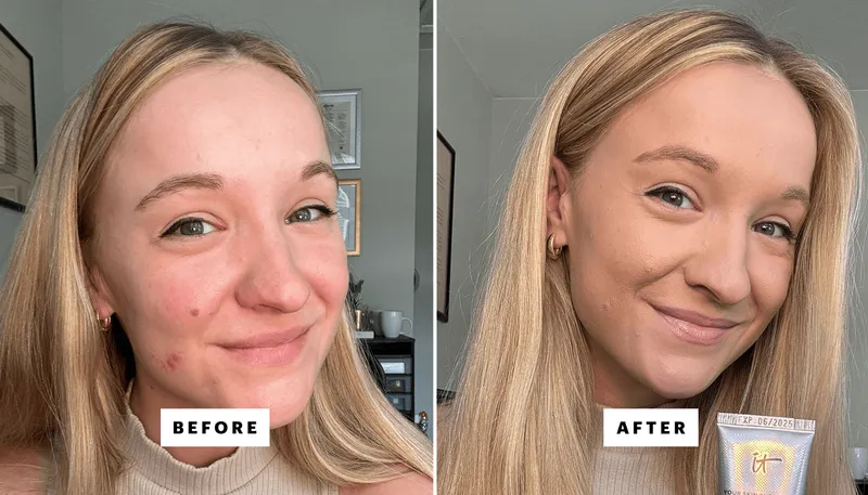 A diptych of Allure editor Lexi Herrick before and after applying IT Cosmetics Your Skin But Better CC+ Cream SPF 50+