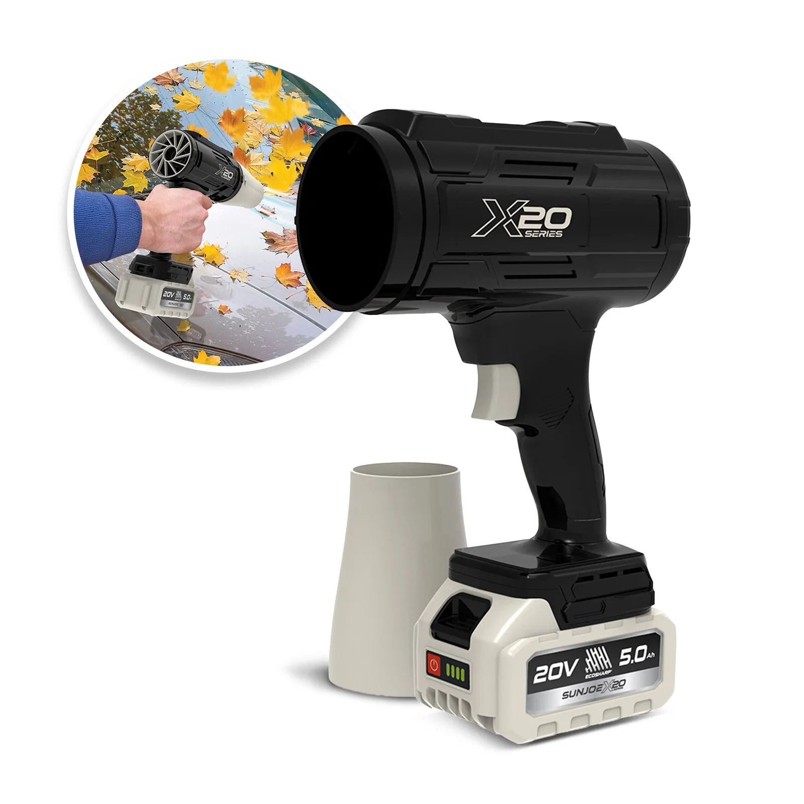 Image of Sun Joe 20-Volt ECOSHARP Cordless X20 StormJet Handheld Turbo Blower | 40 CFM | 5.0-Ah Battery + Charger
