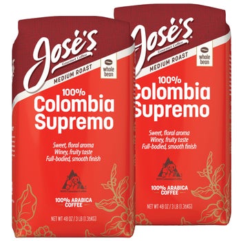 Jose’s 100% Colombia Supremo Whole Bean Coffee, Medium, 3 lbs, 2-Pack