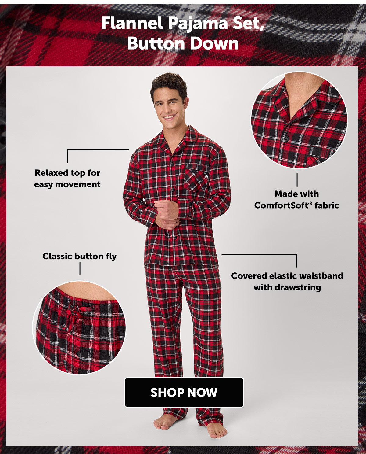 Hanes Men’s Flannel Pajama Set, Button Down