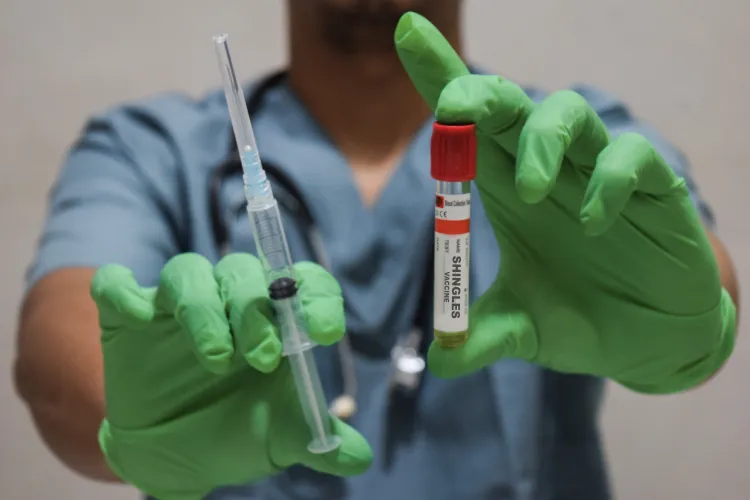 A doctor holding a syringe and vaccine