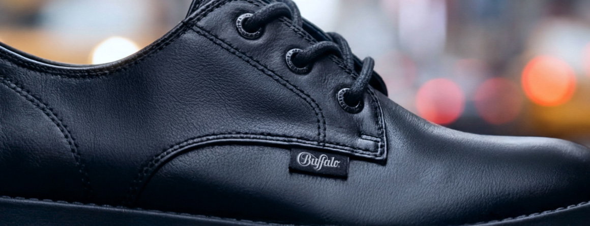 Close-up of a black Buffalo lace-up shoe with leather texture and logo detail.