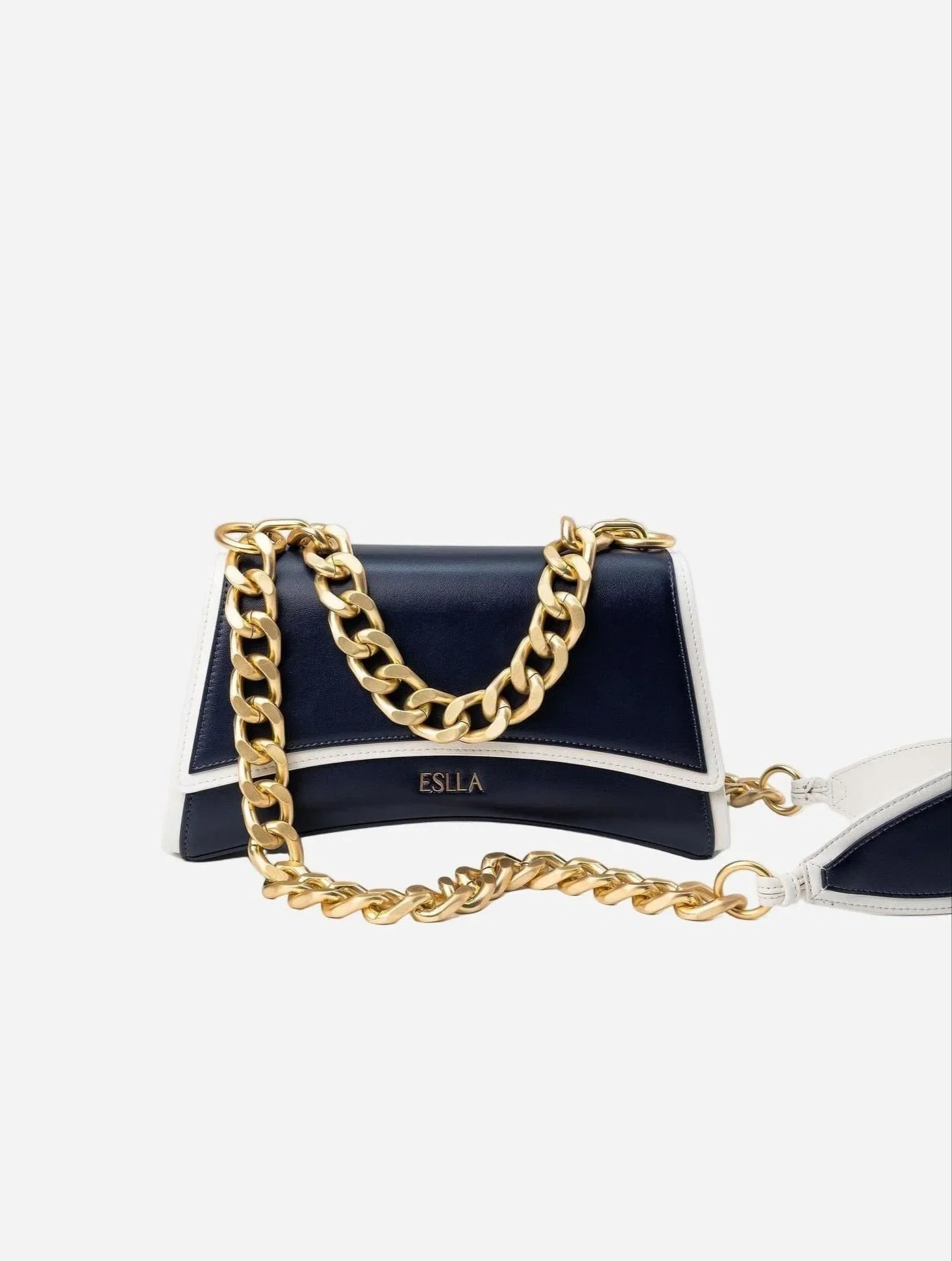 Image of Dharma Desserto Cactus Leather Vegan Crossbody With Matte Gold Chain | Navy & White Trim