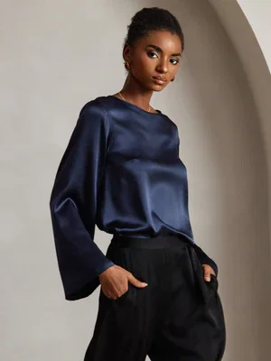 Image of 19Momme Women's Silk Polka Dot Print Bell Sleeve Boat Neck Top