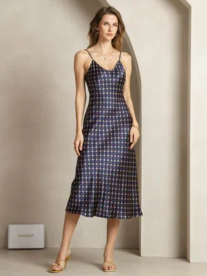 Image of Clearance - 19Momme Silk Navy Chain Print V Neck Adjustable Strap Midi Dress