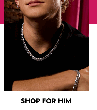 Man wearing a diamond chain necklace and matching bracelet, with click shop for him.