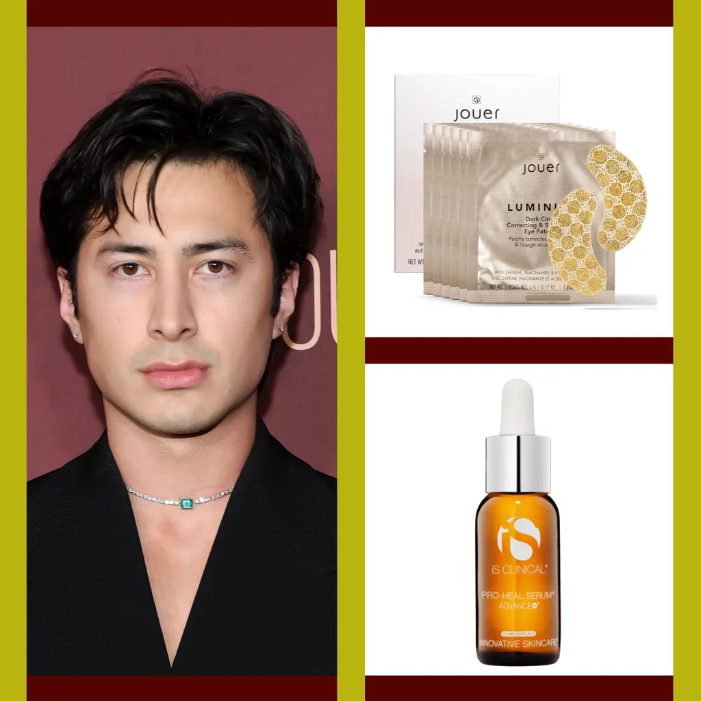 Split image of Hudson Williams in a black blazer and green gemstone choker next to Jouer Luminizing Dark Circle Correcting & Smoothing Eye Patches and iS Clinical Pro-Heal Serum Advance+.