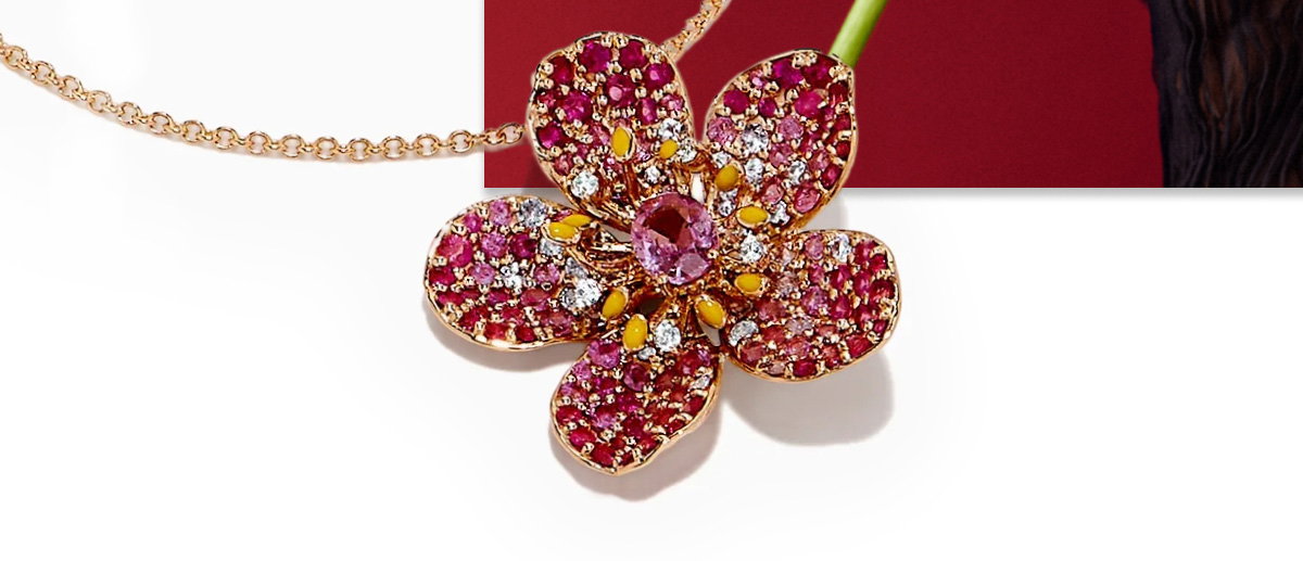 Nature 14K Rose Gold Pink Sapphire and Diamond Flower Pendant