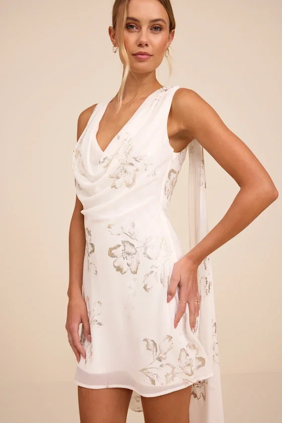 Image of Sidonia White and Gold Floral Cowl Sash Mini Dress