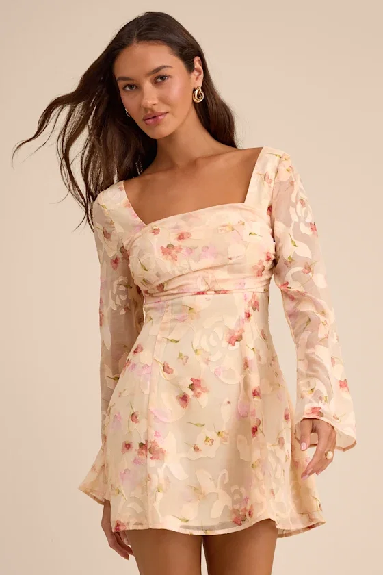 Image of Rieti Cream Floral Burnout Long Sleeve Mini Dress