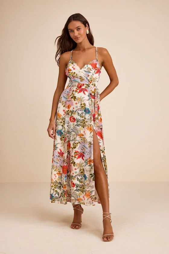 Image of Amara White Multi Paisley Print Wrap Midi Dress