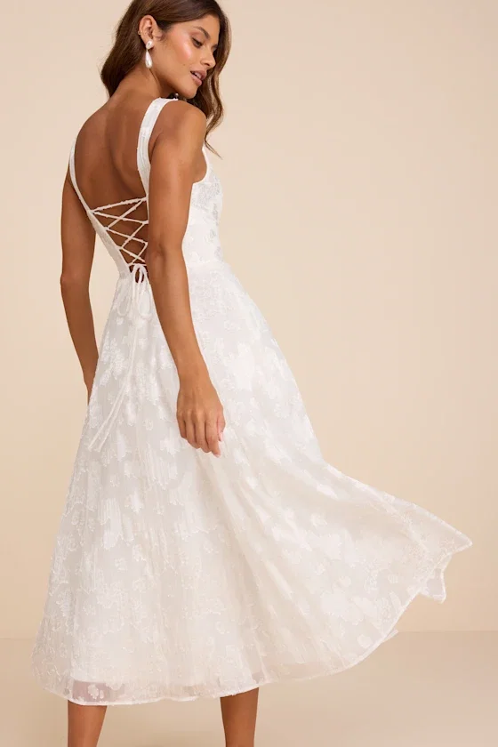 Image of Loira White Burnout Jacquard Lace-Up Midi Dress