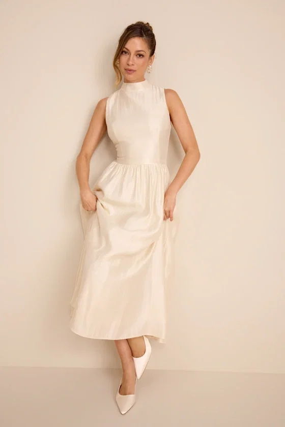 Image of Rivia Ivory Mock Neck Cutout Midi Dress