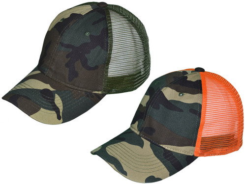 Washed Cotton Camo Trucker Hats - Low Profile Unstructured Cotton  Mesh BK Caps (2 Colors) - 5266
