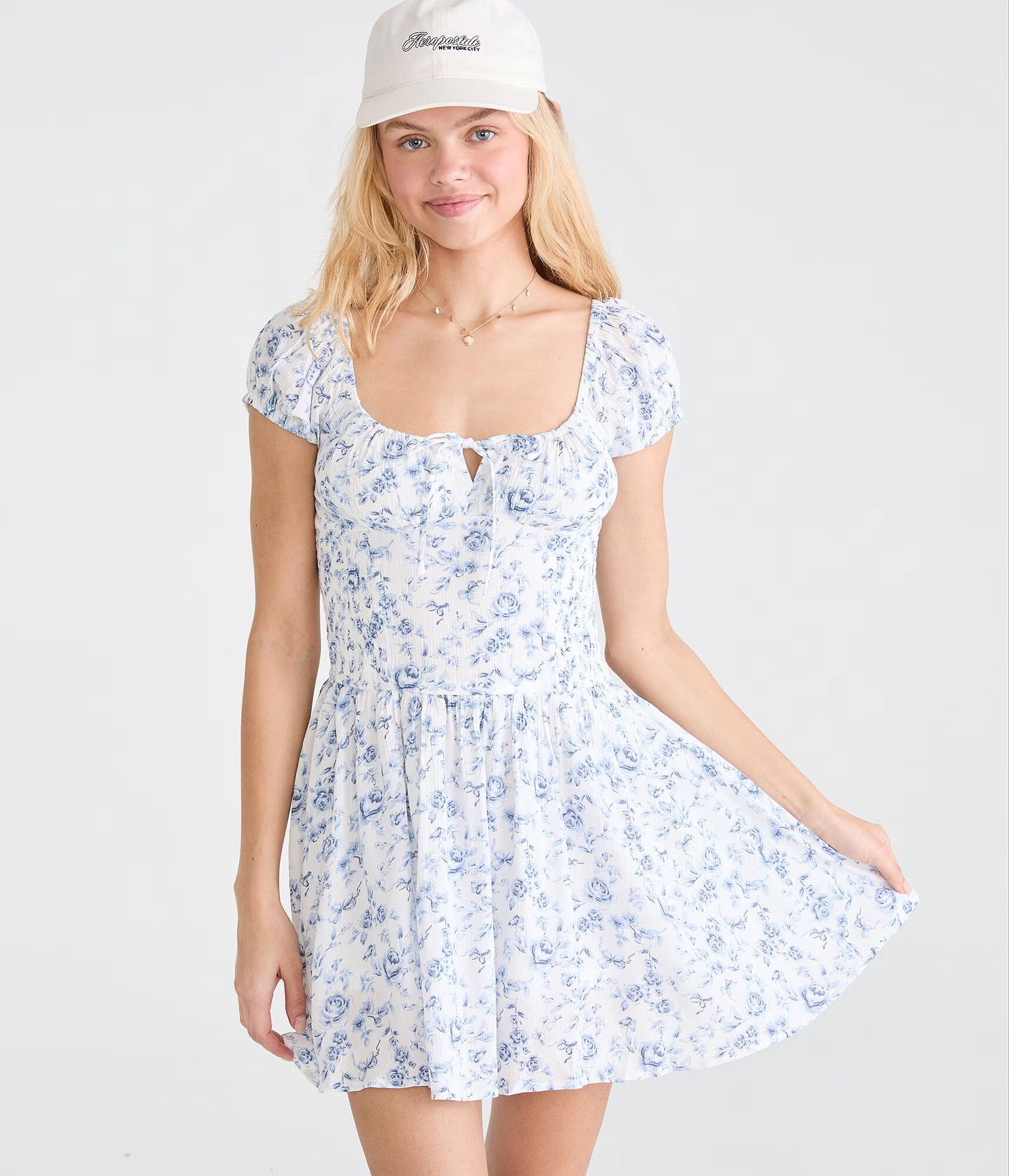 Image of Floral Square-Neck Drop-Waist Mini Dress
