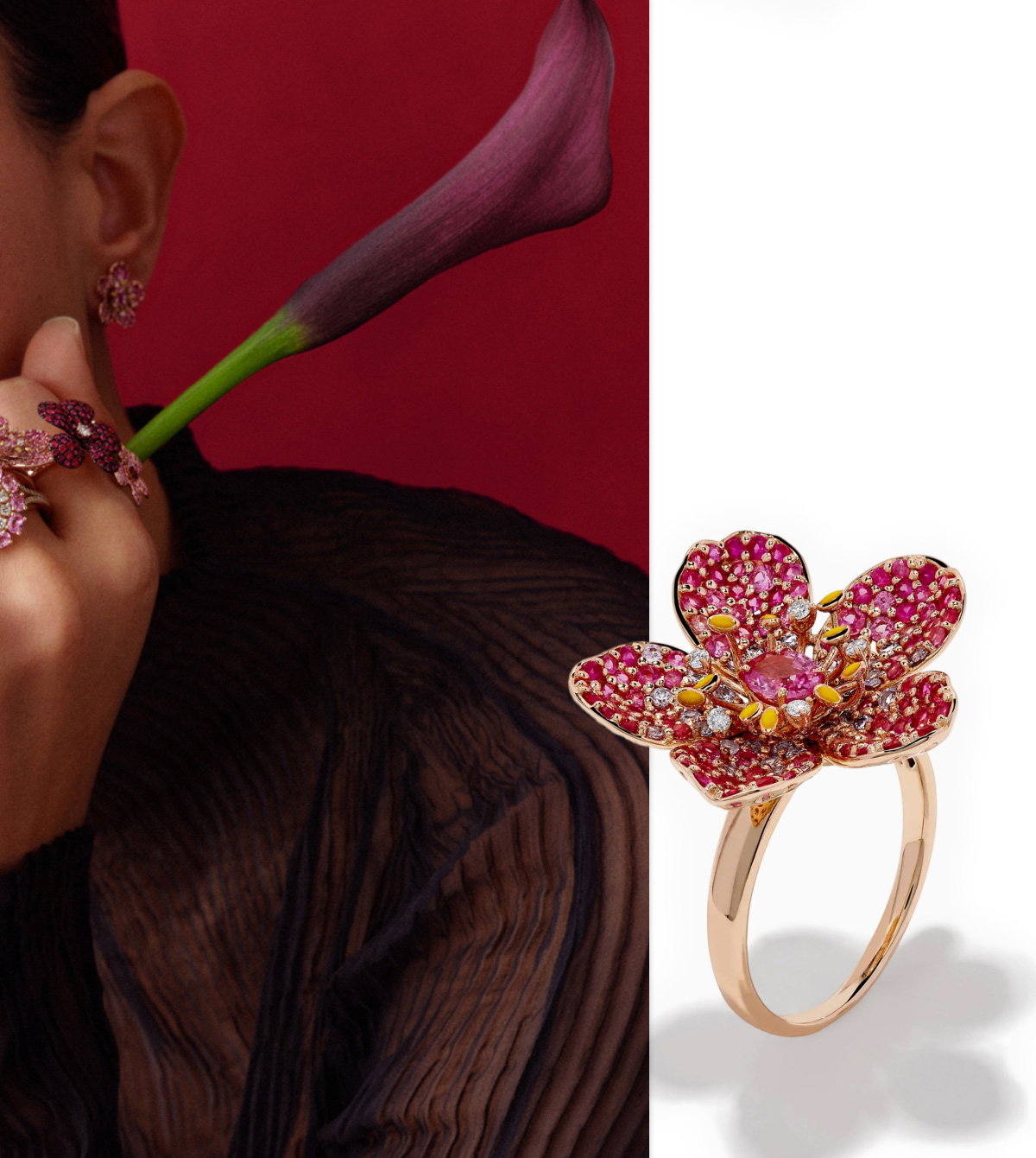 Nature 14K Rose Gold Pink Sapphire and Diamond Flower Ring