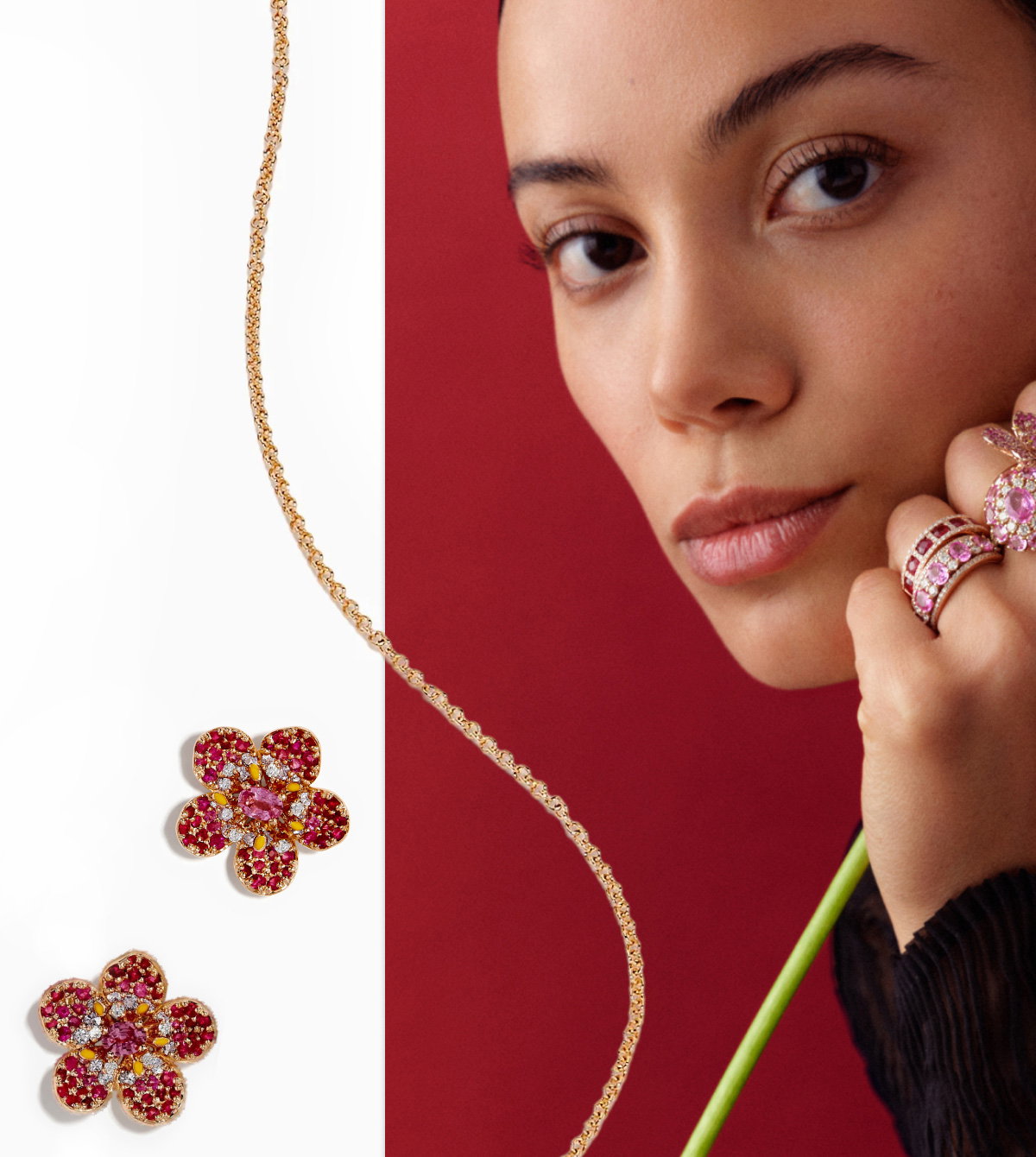 Nature 14K Rose Gold Pink Sapphire and Diamond Flower Stud Earrings