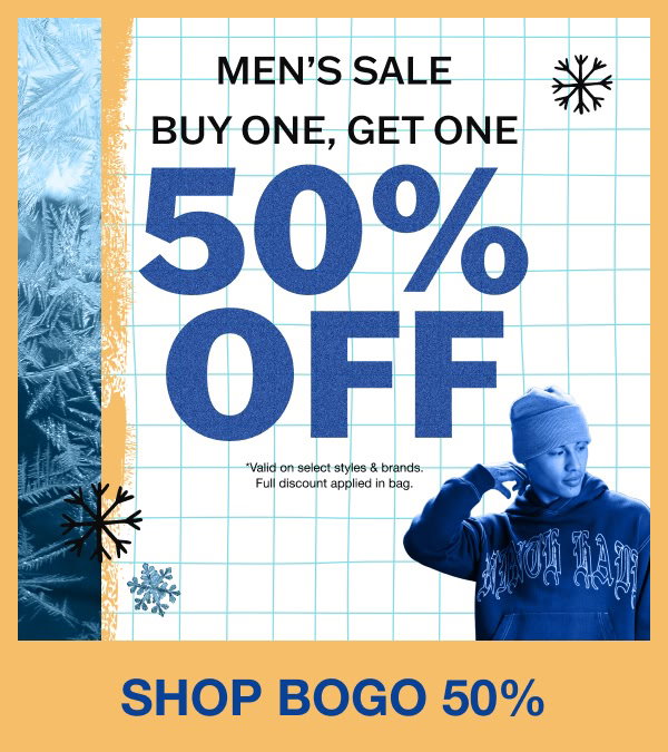 Shop men's clothing, buy one get one 50% off