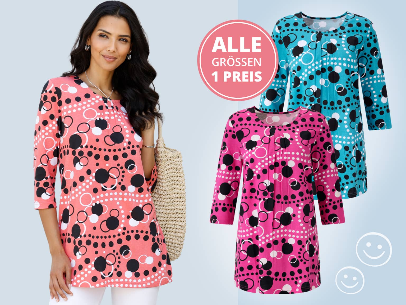  Ein Model trägt ein buntes, gepunktetes Shirt mit 3/4-Ärmeln, daneben zwei weitere Shirts in Blau und Pink mit gleichem Muster. Longteile. Alle Größen ein Preis. Bild oder Schaltfläche darunter anklicken, um in den Shop zu gelangen >
