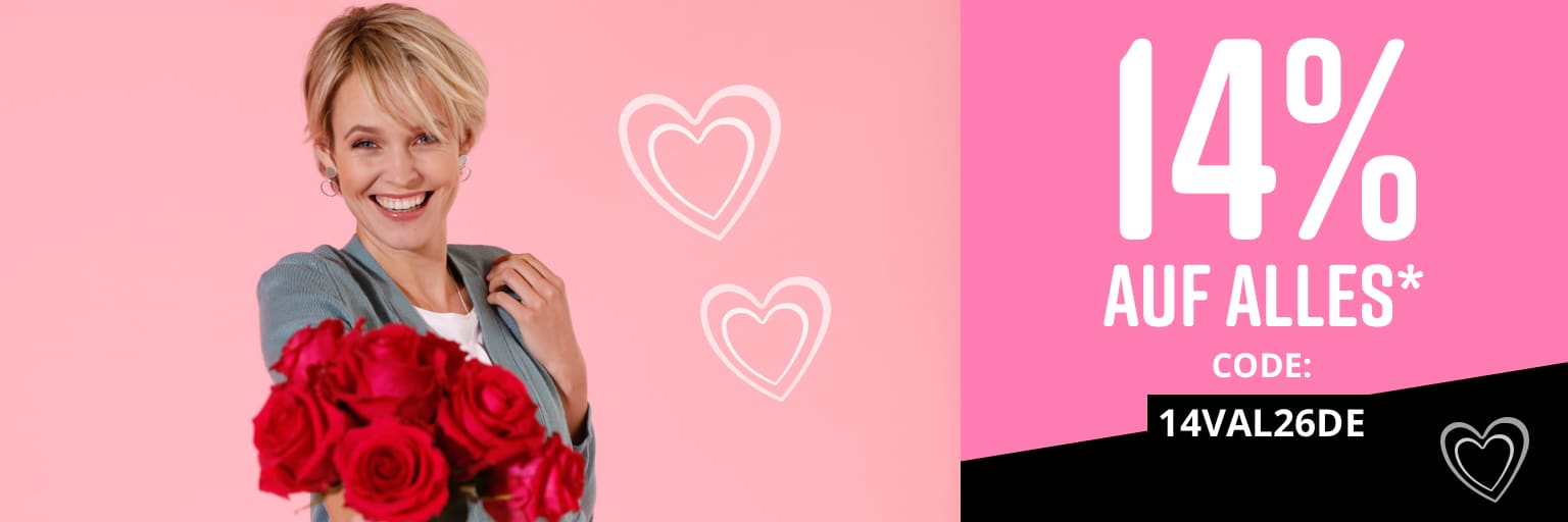 Ein Model hält einen Strauß roter Rosen vor sich. Nur für kurze Zeit: 14% auf Alles Valentinsrabatt* mit dem Code 14VAL26DE. Aktion gültig bis 15.02.2026 und ab einem Mindestbestellwert in Höhe von 25,- €. Bitte beachten Sie die weiteren Einlösebedingungen im unteren Teil des Newsletters (*-Text). Bild anklicken, um in den Shop zu gelangen >