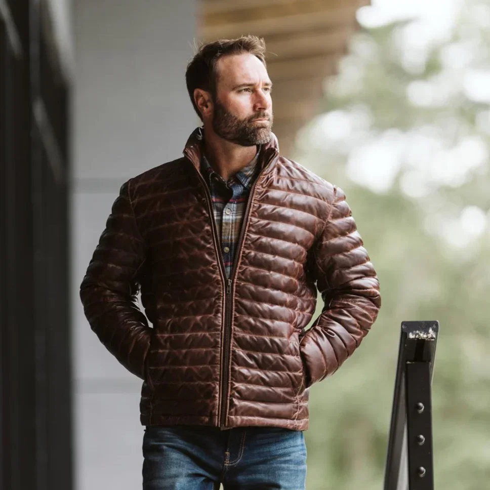 Image of Bridger Leather Down Jacket | Dark Brown