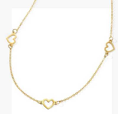 Yellow gold chain necklace with open heart stations.