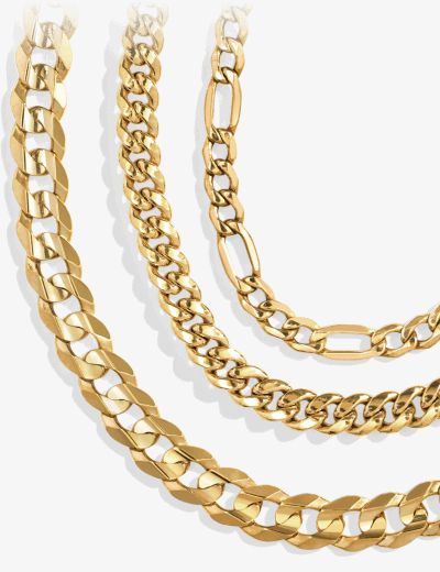 Layered yellow gold chain necklaces in curb, flat link, and paperclip styles.