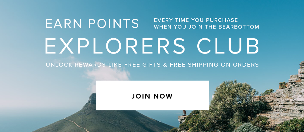 Earn Points Every Time You Purchase When You Join The Bearbottom Explorers Club. Unlock Rewards Like Free Gifts & Free Shipping On Orders. Join Now. Scenic landscape of a green mountain peak against a blue sky.