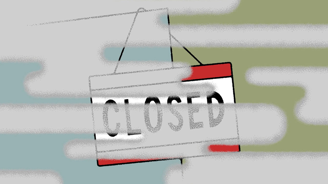 Illustration of a closed sign hanging off a door surrounded by fog