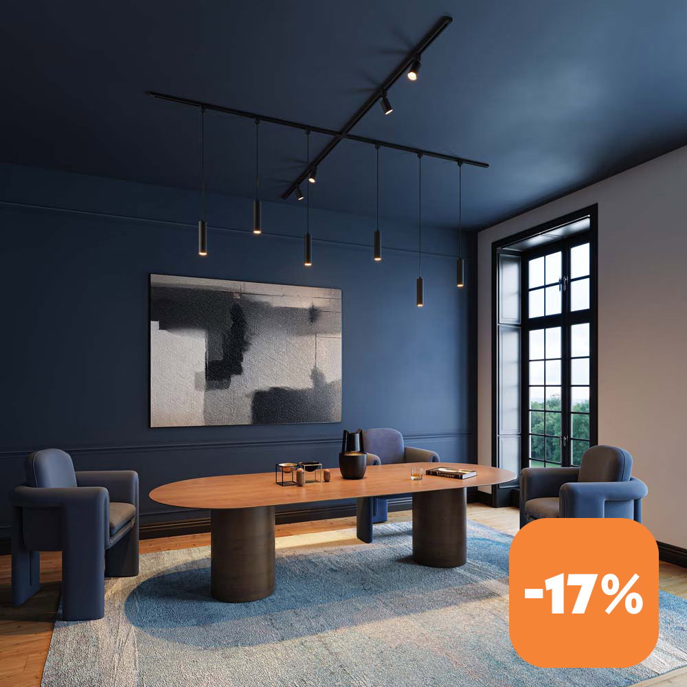 A living room illuminated by Taros track lighting.