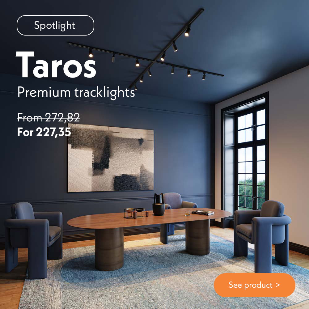 A blue room illuminated by Taros track lighting with white text.