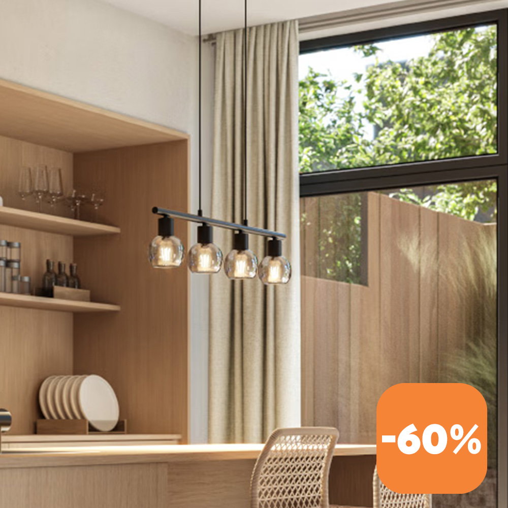 The smoked glazed ceiling lamp that illuminates a kitchen.