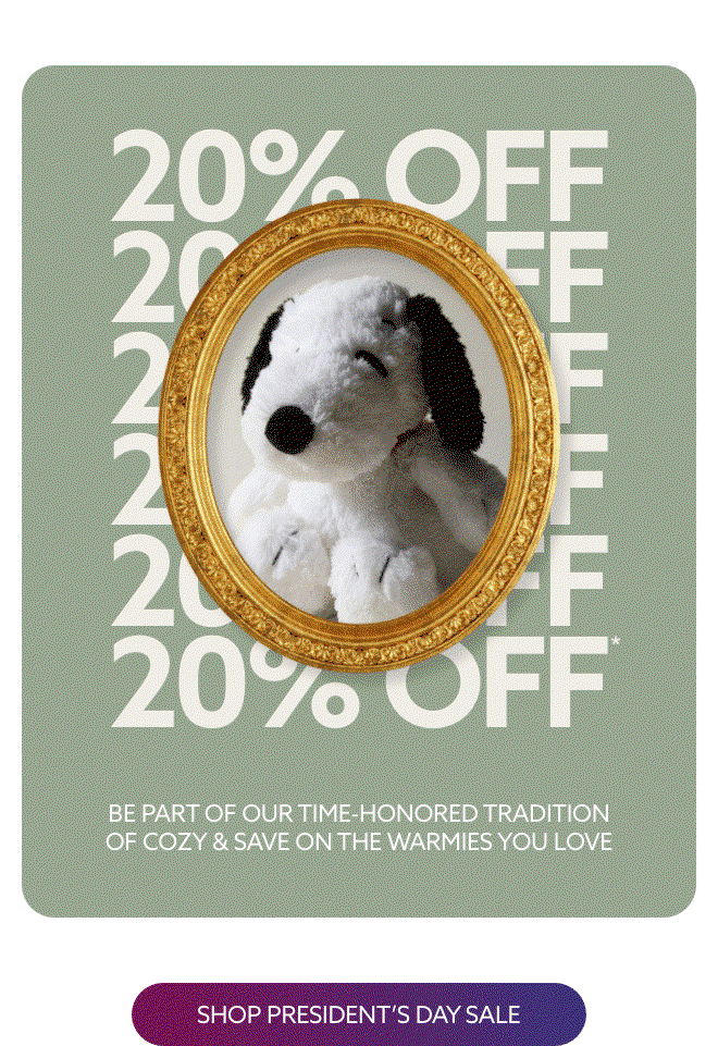 An animation cycling through some Warmies Bestsellers in gold portrait frames. Shop President's Day Sale.