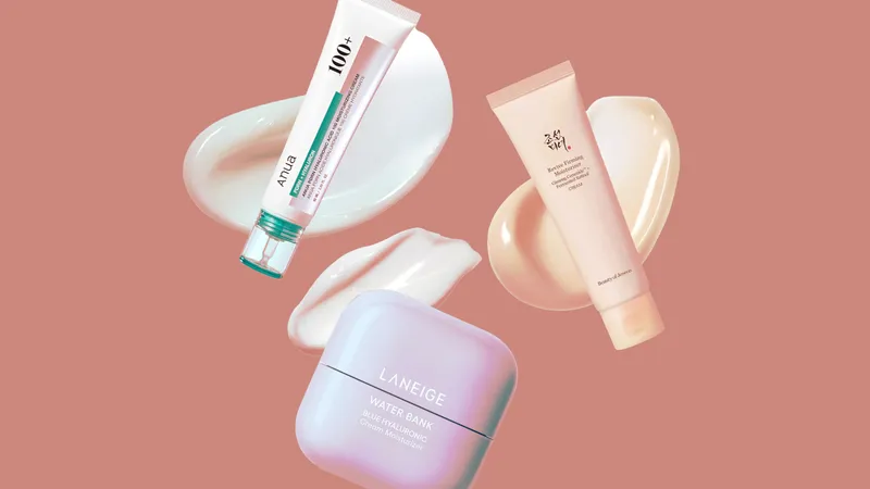 Image contains a collage of Korean moisturizers