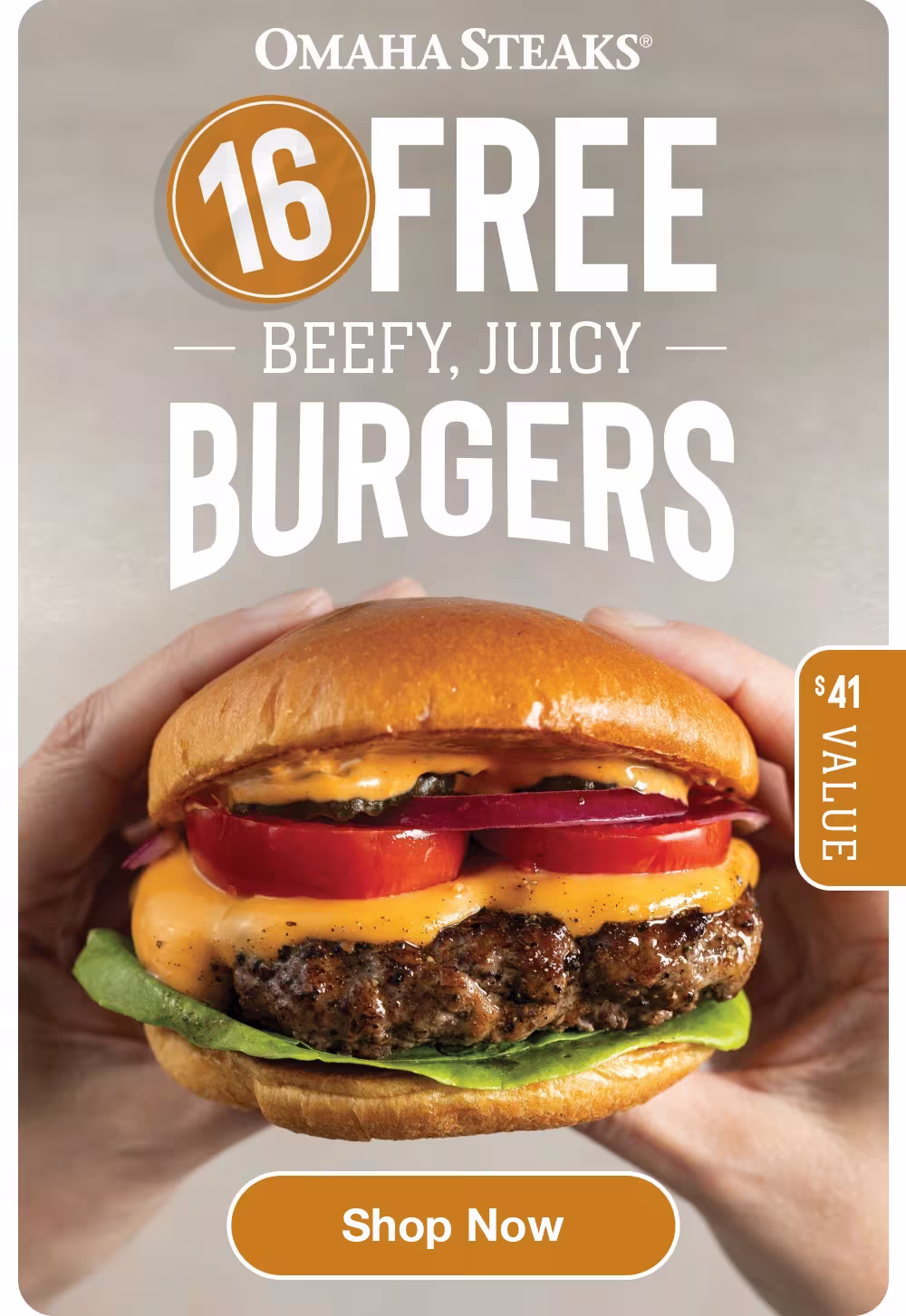 OMAHA STEAKS

16 FREE
— BEEFY, JUICY —
BURGERS

$41 VALUE

Shop Now
