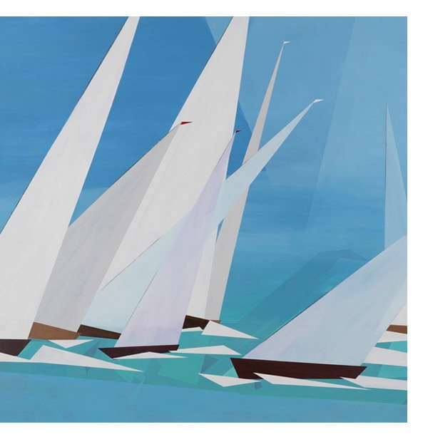 A mixed media piece depicting sailboats