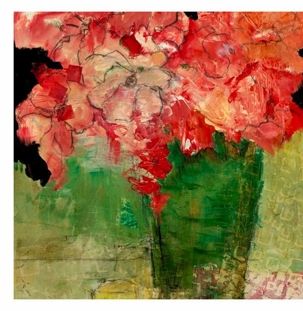 Paint, pencil, and other materials form an art piece of red florals in a green vase