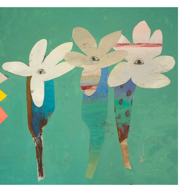 Three collage flowers in hues of beige, green, blue, and brown