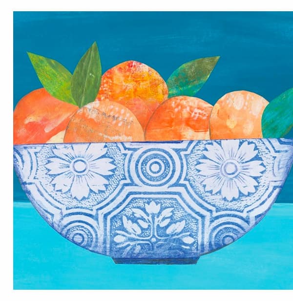 Mixed media collage of a still life of oranges