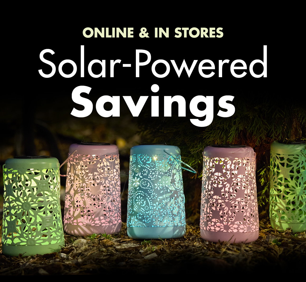 Headline: Solar-Powered Savings and an image of pastel solar lanterns glowing in the dark