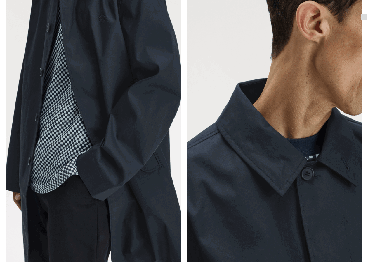 Two close ups of the Fred Perry Bonded Cotton Overcoat in Navy