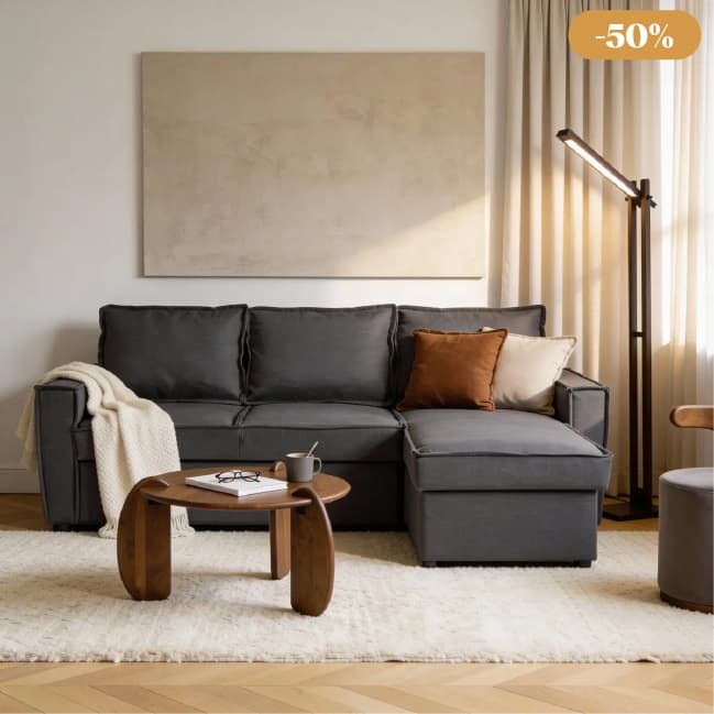 Canapé d'angle droit convertible 4 places en tissu gris Paris