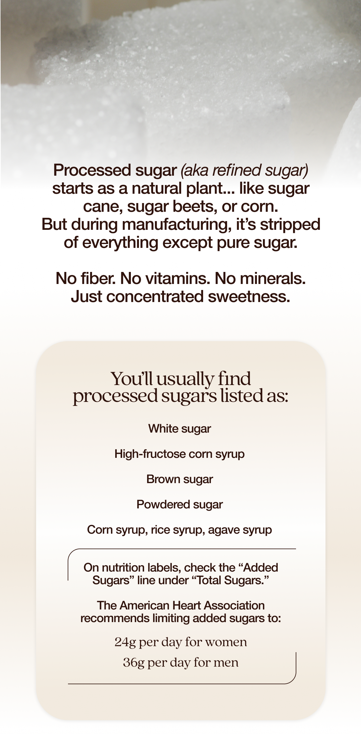 Processed sugar (aka refined sugar) starts as a natural plant…like sugar cane, sugar beets, or corn. But during manufacturing, it’s stripped of everything except pure sugar. No fiber. No vitamins. No minerals. Just concentrated sweetness. Health organizations often call these “free sugars” because they’re no longer locked inside a whole food (like fruit). That means your body absorbs them quickly, leading to blood sugar spikes and crashes. You’ll usually find processed sugars listed as: • White sugar • High-fructose corn syrup • Brown sugar • Powdered sugar • Corn syrup, rice syrup, agave syrup On nutrition labels, check the “Added Sugars” line under “Total Sugars.” The American Heart Association recommends limiting added sugars to: • 24g per day for women • 36g per day for men