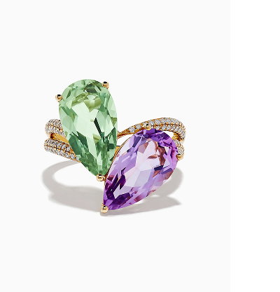 14K Gold Diamond, Pink and Green Amethyst Toi Et Moi Ring