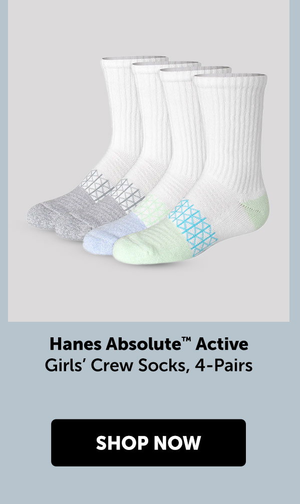 Hanes Absolute Active Girls’ Crew Socks, 4-Pairs