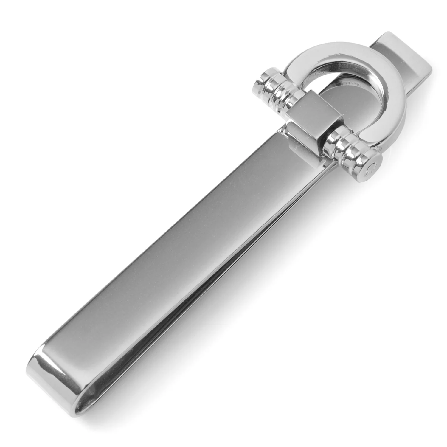Polished stainless steel tie bar featuring a horse bit design.