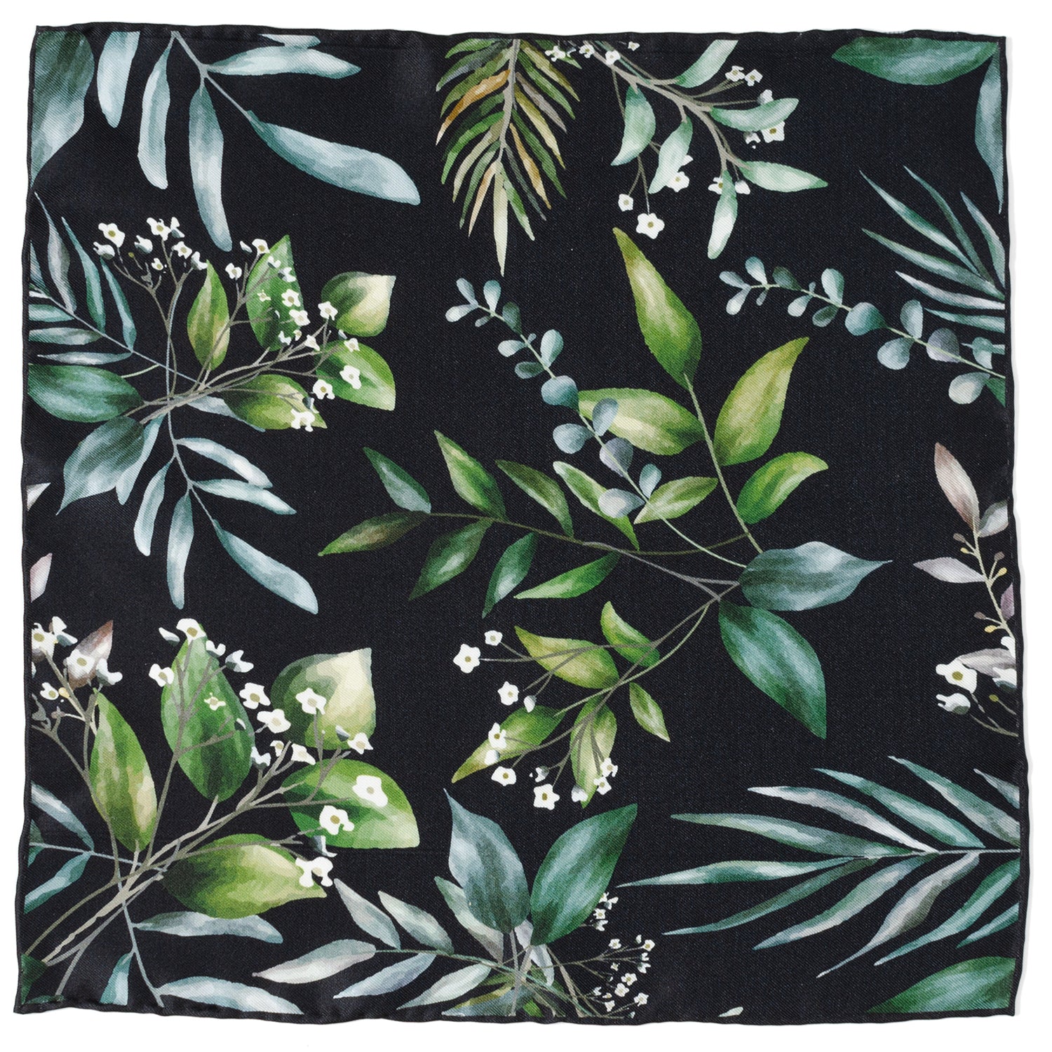 Black pocket square with watercolor-style leaf design in shades of green and tan.